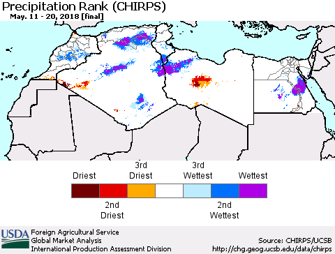 North Africa Precipitation Rank since 1981 (CHIRPS) Thematic Map For 5/11/2018 - 5/20/2018