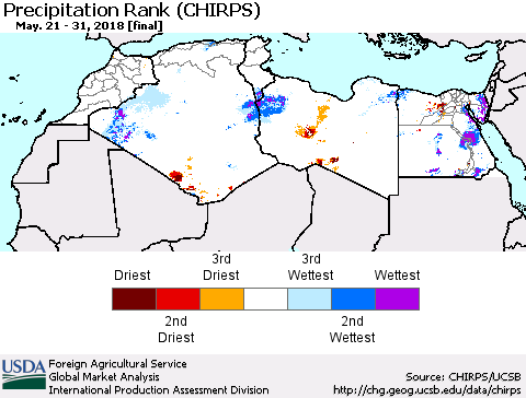 North Africa Precipitation Rank since 1981 (CHIRPS) Thematic Map For 5/21/2018 - 5/31/2018