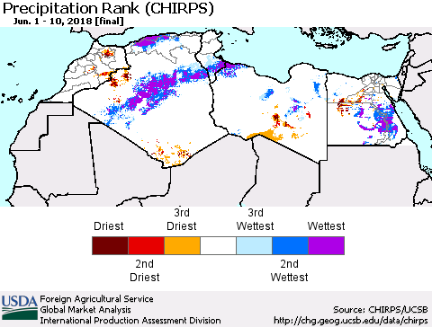 North Africa Precipitation Rank since 1981 (CHIRPS) Thematic Map For 6/1/2018 - 6/10/2018