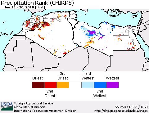 North Africa Precipitation Rank since 1981 (CHIRPS) Thematic Map For 6/11/2018 - 6/20/2018
