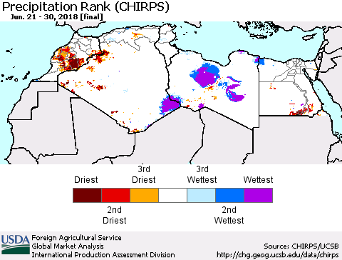 North Africa Precipitation Rank since 1981 (CHIRPS) Thematic Map For 6/21/2018 - 6/30/2018