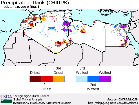 North Africa Precipitation Rank since 1981 (CHIRPS) Thematic Map For 7/1/2018 - 7/10/2018