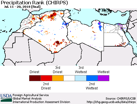 North Africa Precipitation Rank since 1981 (CHIRPS) Thematic Map For 7/11/2018 - 7/20/2018