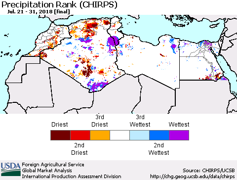 North Africa Precipitation Rank since 1981 (CHIRPS) Thematic Map For 7/21/2018 - 7/31/2018