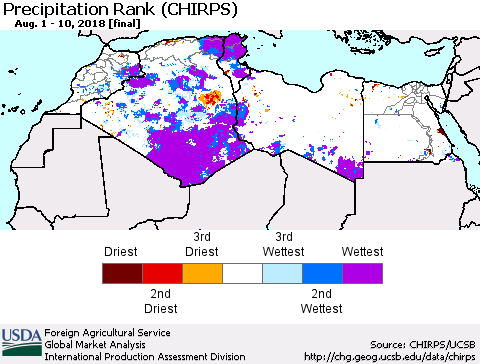 North Africa Precipitation Rank since 1981 (CHIRPS) Thematic Map For 8/1/2018 - 8/10/2018