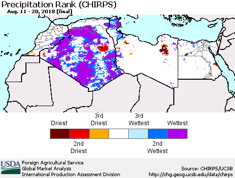 North Africa Precipitation Rank since 1981 (CHIRPS) Thematic Map For 8/11/2018 - 8/20/2018