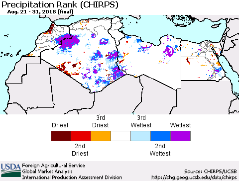 North Africa Precipitation Rank since 1981 (CHIRPS) Thematic Map For 8/21/2018 - 8/31/2018