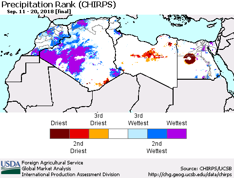 North Africa Precipitation Rank since 1981 (CHIRPS) Thematic Map For 9/11/2018 - 9/20/2018