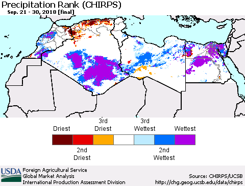 North Africa Precipitation Rank since 1981 (CHIRPS) Thematic Map For 9/21/2018 - 9/30/2018