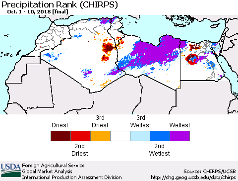 North Africa Precipitation Rank since 1981 (CHIRPS) Thematic Map For 10/1/2018 - 10/10/2018