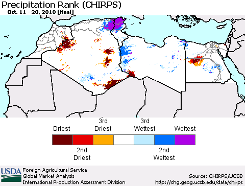 North Africa Precipitation Rank since 1981 (CHIRPS) Thematic Map For 10/11/2018 - 10/20/2018