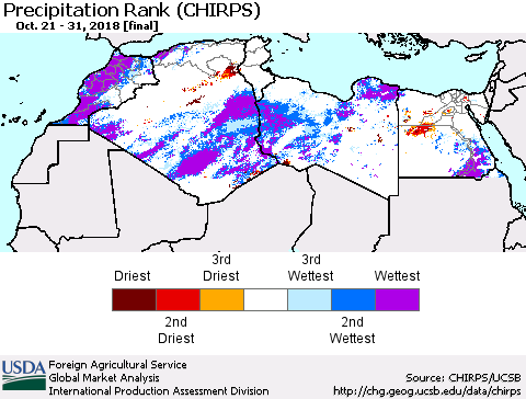 North Africa Precipitation Rank since 1981 (CHIRPS) Thematic Map For 10/21/2018 - 10/31/2018