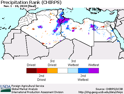North Africa Precipitation Rank since 1981 (CHIRPS) Thematic Map For 11/1/2018 - 11/10/2018