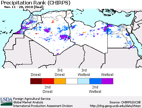North Africa Precipitation Rank since 1981 (CHIRPS) Thematic Map For 11/11/2018 - 11/20/2018