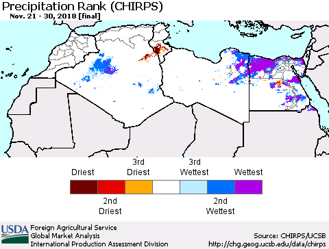 North Africa Precipitation Rank since 1981 (CHIRPS) Thematic Map For 11/21/2018 - 11/30/2018