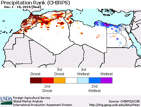 North Africa Precipitation Rank since 1981 (CHIRPS) Thematic Map For 12/1/2018 - 12/10/2018