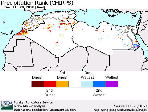 North Africa Precipitation Rank since 1981 (CHIRPS) Thematic Map For 12/11/2018 - 12/20/2018