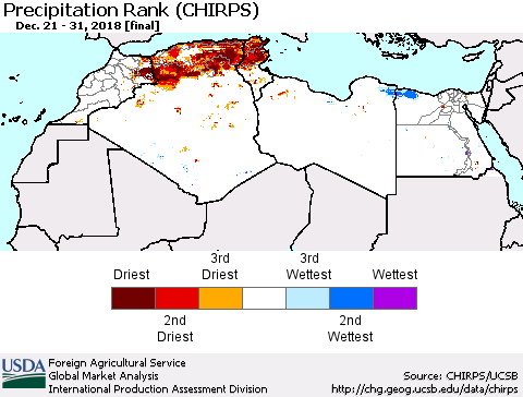 North Africa Precipitation Rank since 1981 (CHIRPS) Thematic Map For 12/21/2018 - 12/31/2018