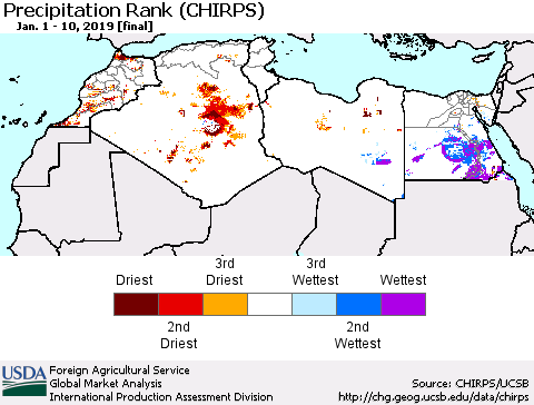 North Africa Precipitation Rank since 1981 (CHIRPS) Thematic Map For 1/1/2019 - 1/10/2019
