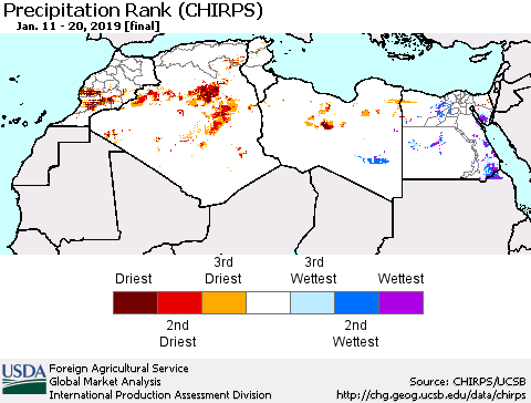 North Africa Precipitation Rank since 1981 (CHIRPS) Thematic Map For 1/11/2019 - 1/20/2019