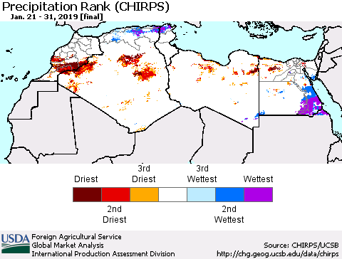 North Africa Precipitation Rank since 1981 (CHIRPS) Thematic Map For 1/21/2019 - 1/31/2019