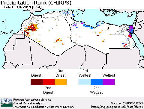 North Africa Precipitation Rank since 1981 (CHIRPS) Thematic Map For 2/1/2019 - 2/10/2019