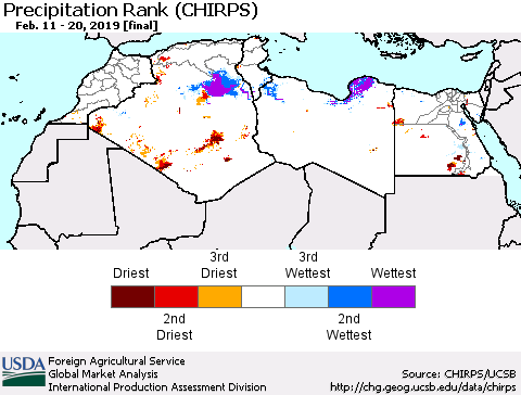 North Africa Precipitation Rank since 1981 (CHIRPS) Thematic Map For 2/11/2019 - 2/20/2019