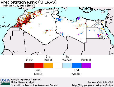 North Africa Precipitation Rank since 1981 (CHIRPS) Thematic Map For 2/21/2019 - 2/28/2019