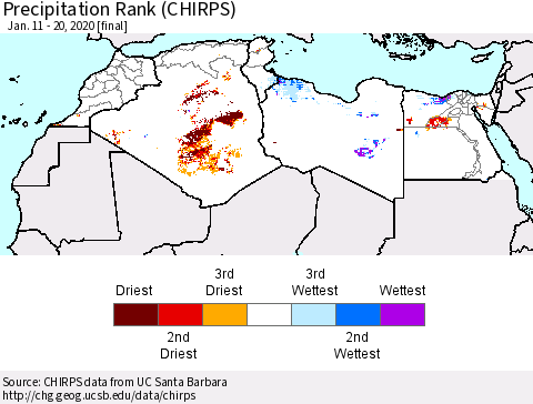 North Africa Precipitation Rank since 1981 (CHIRPS) Thematic Map For 1/11/2020 - 1/20/2020