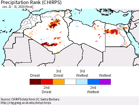 North Africa Precipitation Rank since 1981 (CHIRPS) Thematic Map For 1/21/2020 - 1/31/2020
