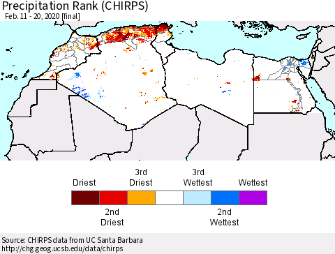 North Africa Precipitation Rank since 1981 (CHIRPS) Thematic Map For 2/11/2020 - 2/20/2020