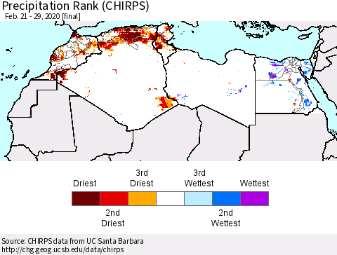 North Africa Precipitation Rank since 1981 (CHIRPS) Thematic Map For 2/21/2020 - 2/29/2020