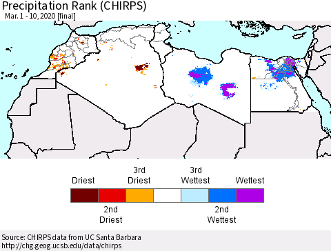 North Africa Precipitation Rank since 1981 (CHIRPS) Thematic Map For 3/1/2020 - 3/10/2020