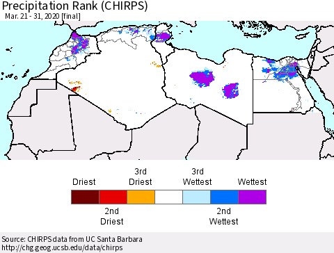 North Africa Precipitation Rank since 1981 (CHIRPS) Thematic Map For 3/21/2020 - 3/31/2020