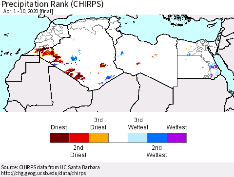 North Africa Precipitation Rank since 1981 (CHIRPS) Thematic Map For 4/1/2020 - 4/10/2020