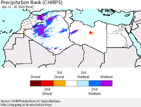 North Africa Precipitation Rank since 1981 (CHIRPS) Thematic Map For 4/11/2020 - 4/20/2020