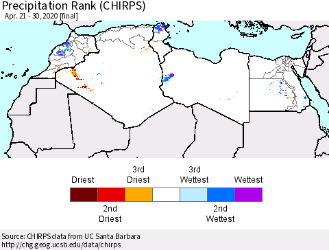 North Africa Precipitation Rank since 1981 (CHIRPS) Thematic Map For 4/21/2020 - 4/30/2020