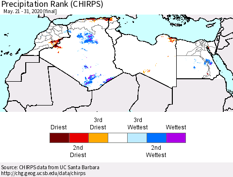 North Africa Precipitation Rank since 1981 (CHIRPS) Thematic Map For 5/21/2020 - 5/31/2020