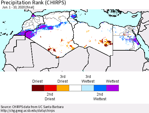 North Africa Precipitation Rank since 1981 (CHIRPS) Thematic Map For 6/1/2020 - 6/10/2020