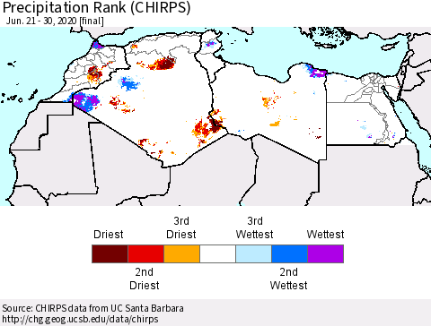 North Africa Precipitation Rank since 1981 (CHIRPS) Thematic Map For 6/21/2020 - 6/30/2020