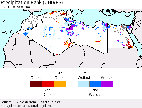 North Africa Precipitation Rank since 1981 (CHIRPS) Thematic Map For 7/1/2020 - 7/10/2020