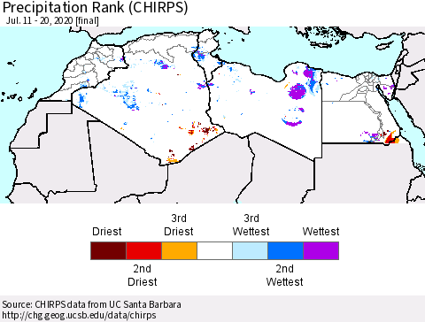 North Africa Precipitation Rank since 1981 (CHIRPS) Thematic Map For 7/11/2020 - 7/20/2020