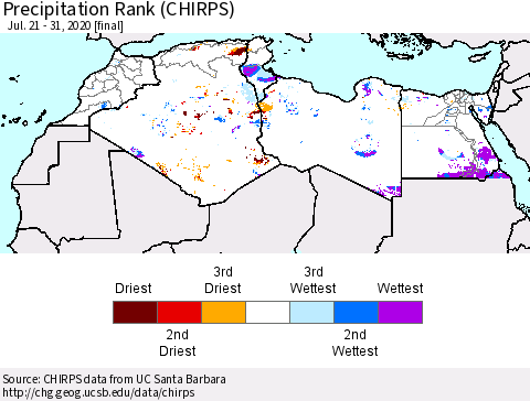 North Africa Precipitation Rank since 1981 (CHIRPS) Thematic Map For 7/21/2020 - 7/31/2020