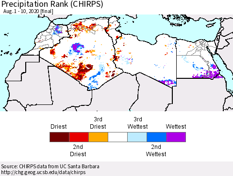 North Africa Precipitation Rank since 1981 (CHIRPS) Thematic Map For 8/1/2020 - 8/10/2020
