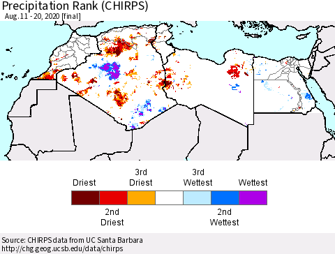 North Africa Precipitation Rank since 1981 (CHIRPS) Thematic Map For 8/11/2020 - 8/20/2020