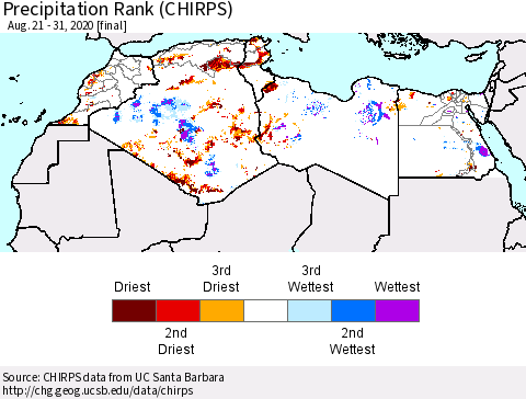 North Africa Precipitation Rank since 1981 (CHIRPS) Thematic Map For 8/21/2020 - 8/31/2020