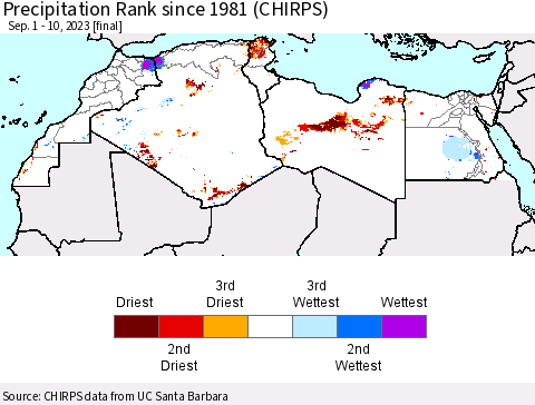North Africa Precipitation Rank since 1981 (CHIRPS) Thematic Map For 9/1/2023 - 9/10/2023