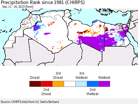 North Africa Precipitation Rank since 1981 (CHIRPS) Thematic Map For 9/11/2023 - 9/20/2023