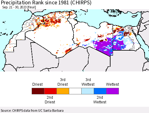 North Africa Precipitation Rank since 1981 (CHIRPS) Thematic Map For 9/21/2023 - 9/30/2023
