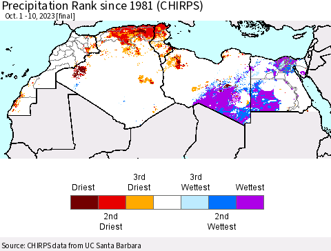 North Africa Precipitation Rank since 1981 (CHIRPS) Thematic Map For 10/1/2023 - 10/10/2023